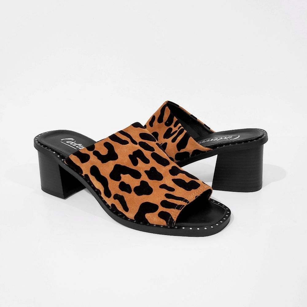 L'INTERVALLE Cheetah Leopard Block Heel Slide Sandals Mules